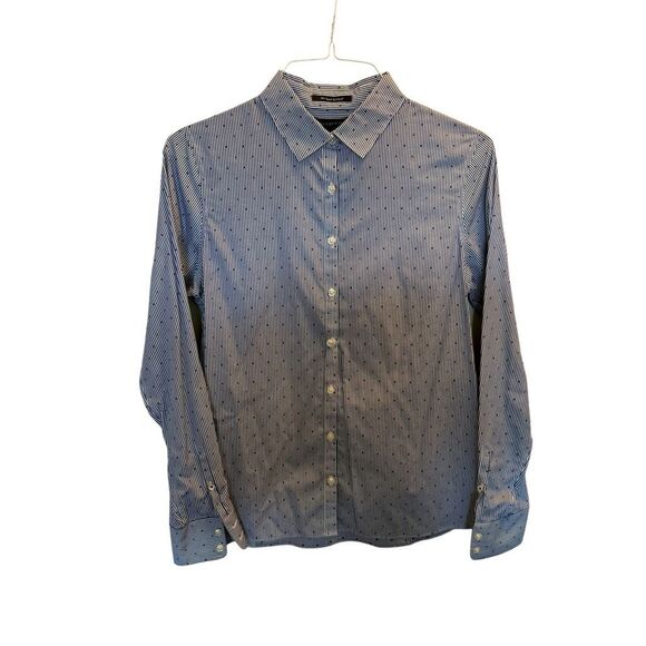 Lands End no iron Supima button down blue polka dot striped blouse size 10 - Picture 1 of 4